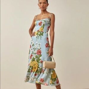 Reformation Floral Print Enya Midi Dress in Light Blue
